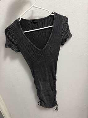 Bijou Dark Grey Ribbed V-Neck Mini Dress